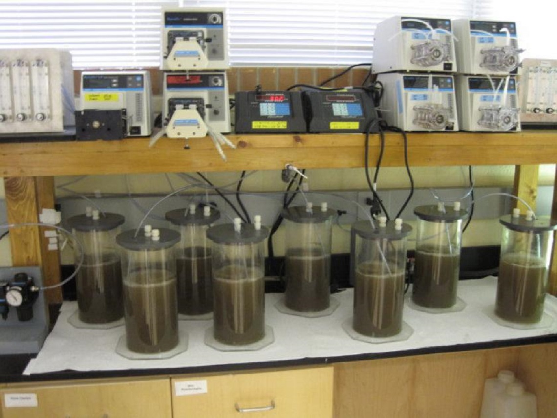 Bench-scale sequencing batch reactors being used to treat municipal wastewater at increasing sludge residence times